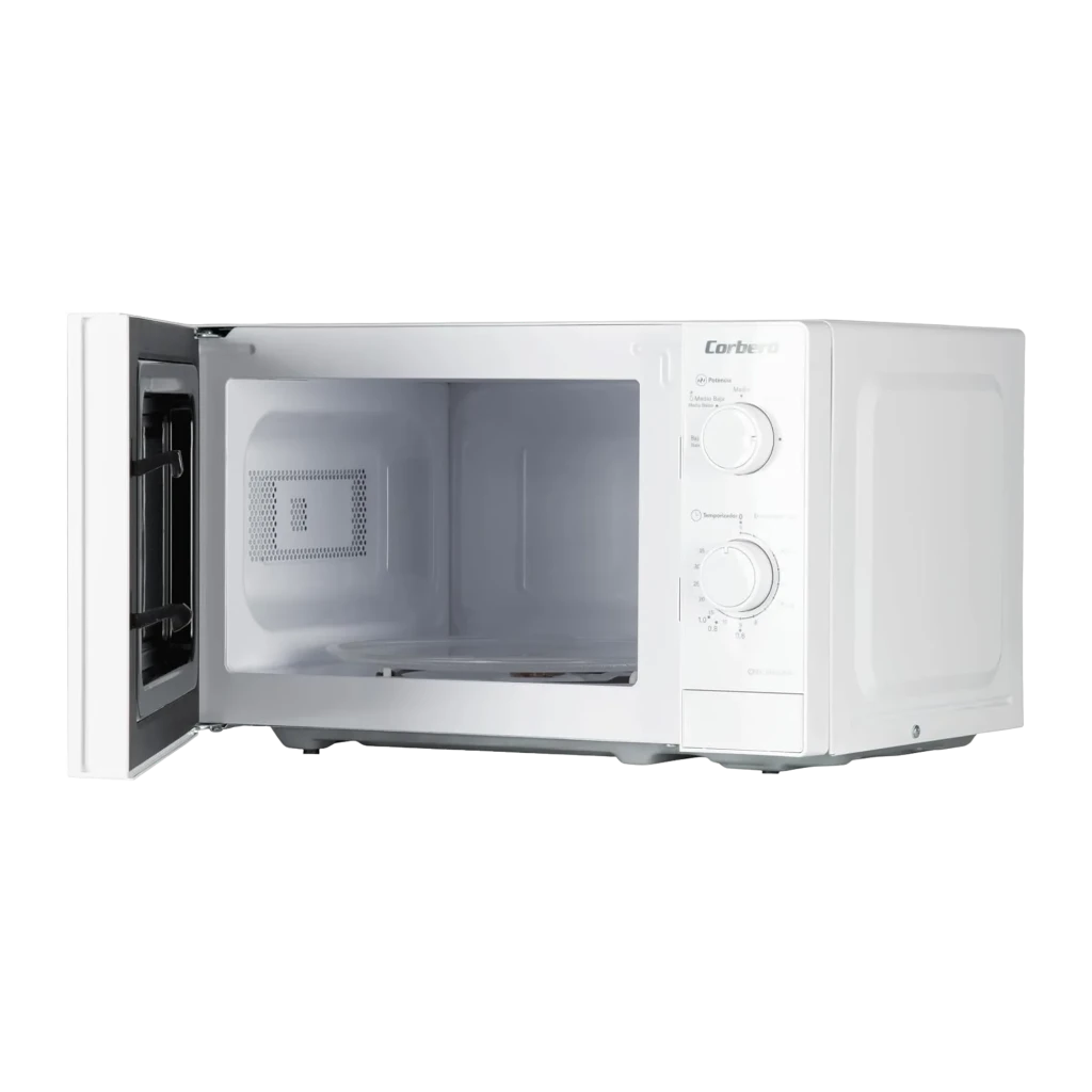Corberó CMICM4020W Blanco, vista frontal con puerta abierta: interior vacío con plato giratorio y rejilla visible