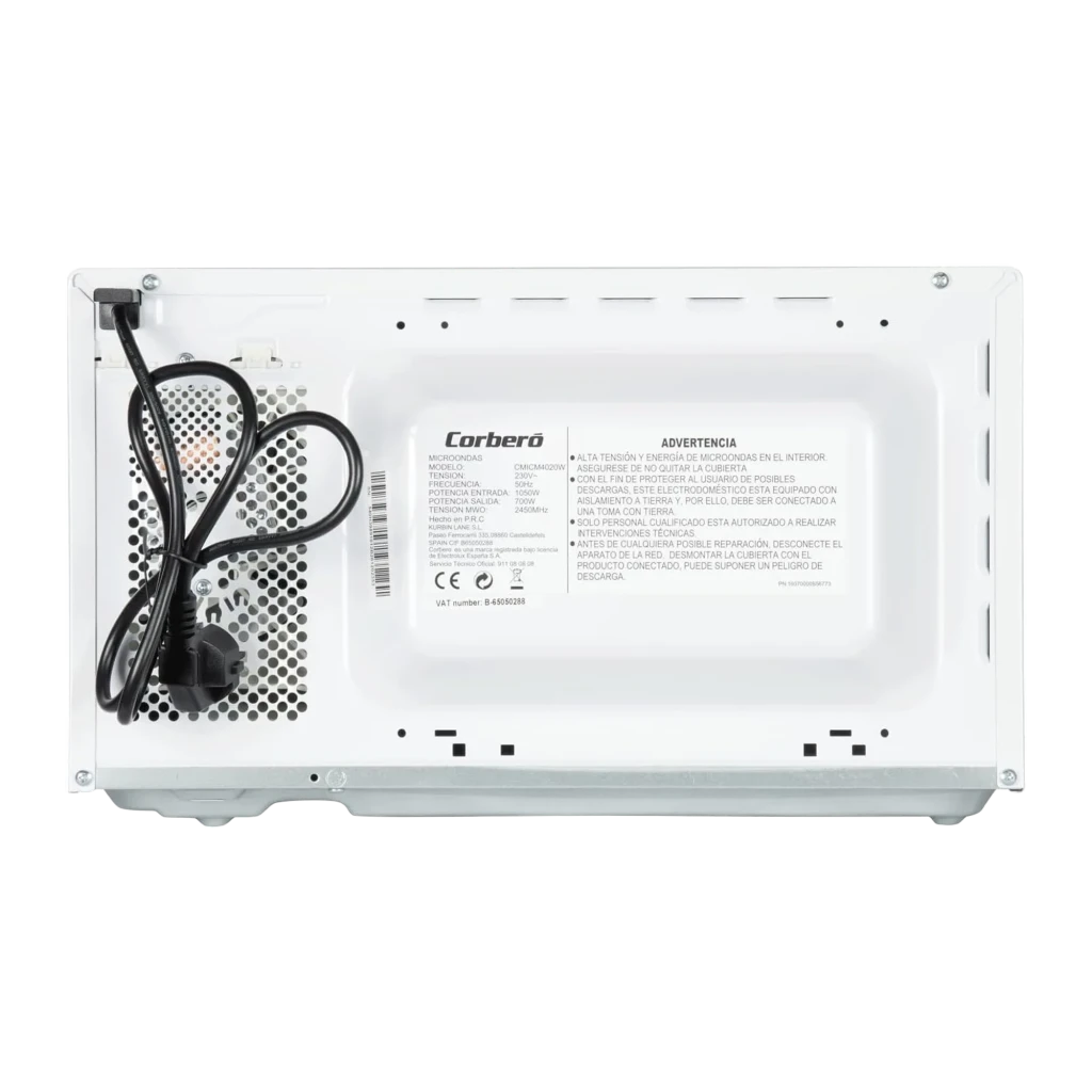 Corberó CMICM4020W Blanco, vista trasera: panel posterior con rejilla de ventilación, etiqueta técnica y cable enrollado