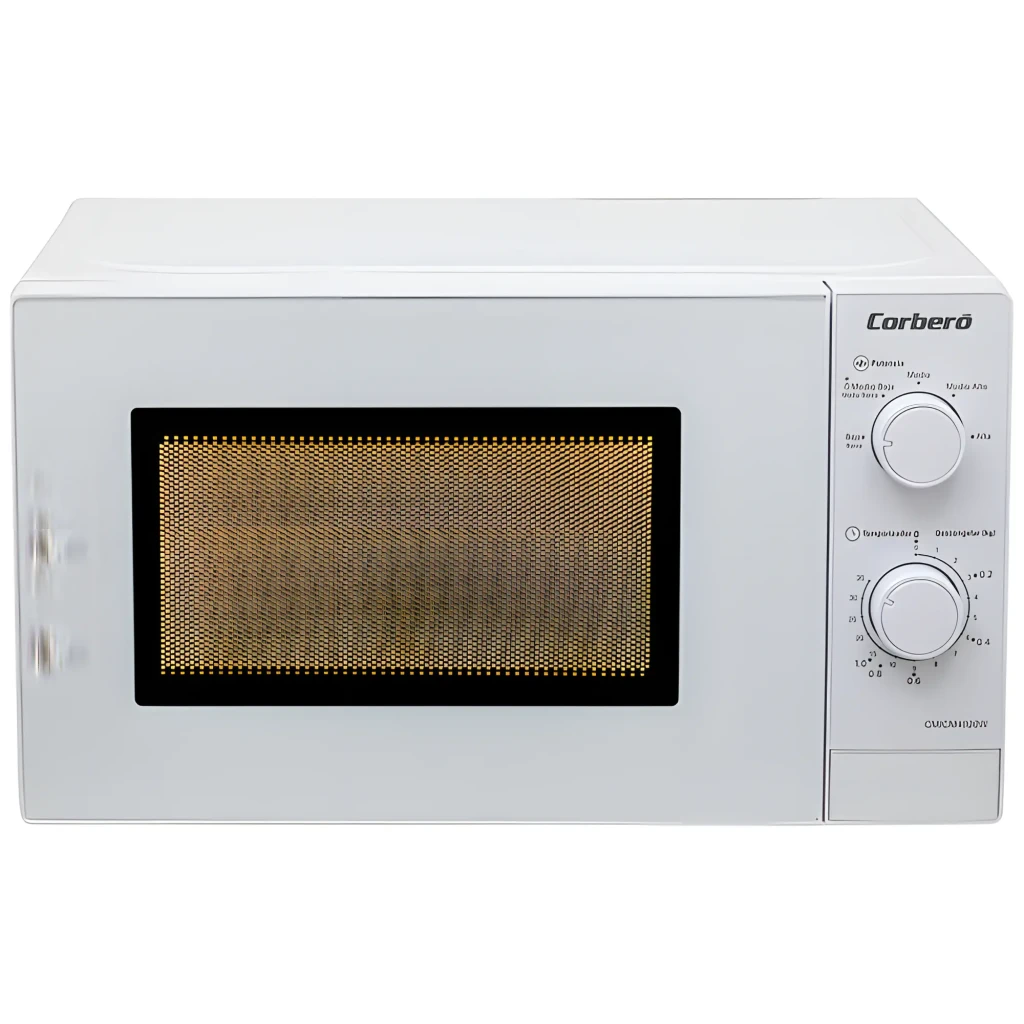 Corberó CMICM4020W Blanco, vista frontal: puerta con rejilla dorada y mandos giratorios laterales