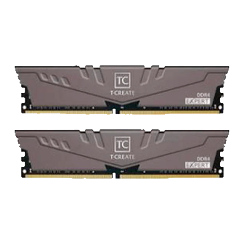 Team Group T-Create Expert 32GB DDR4 3600 Dual-Kit Gris Titane, vue avant: deux modules DIMM avec dissipateur gris et logo TC