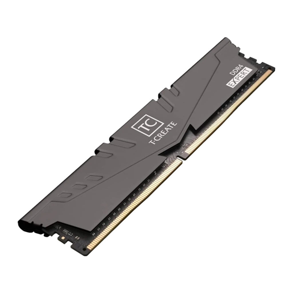 Team Group T-Create Expert 32GB DDR4 3600 Titanio, vista secundaria: módulo DIMM inclinado mostrando cara frontal con logo