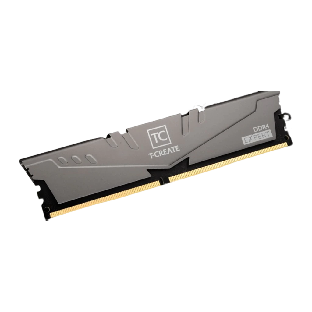 Team Group T-Create Expert 32GB DDR4 3600 Titanio, vista lateral: disipador gris claro en ángulo bajo, contactos dorados y