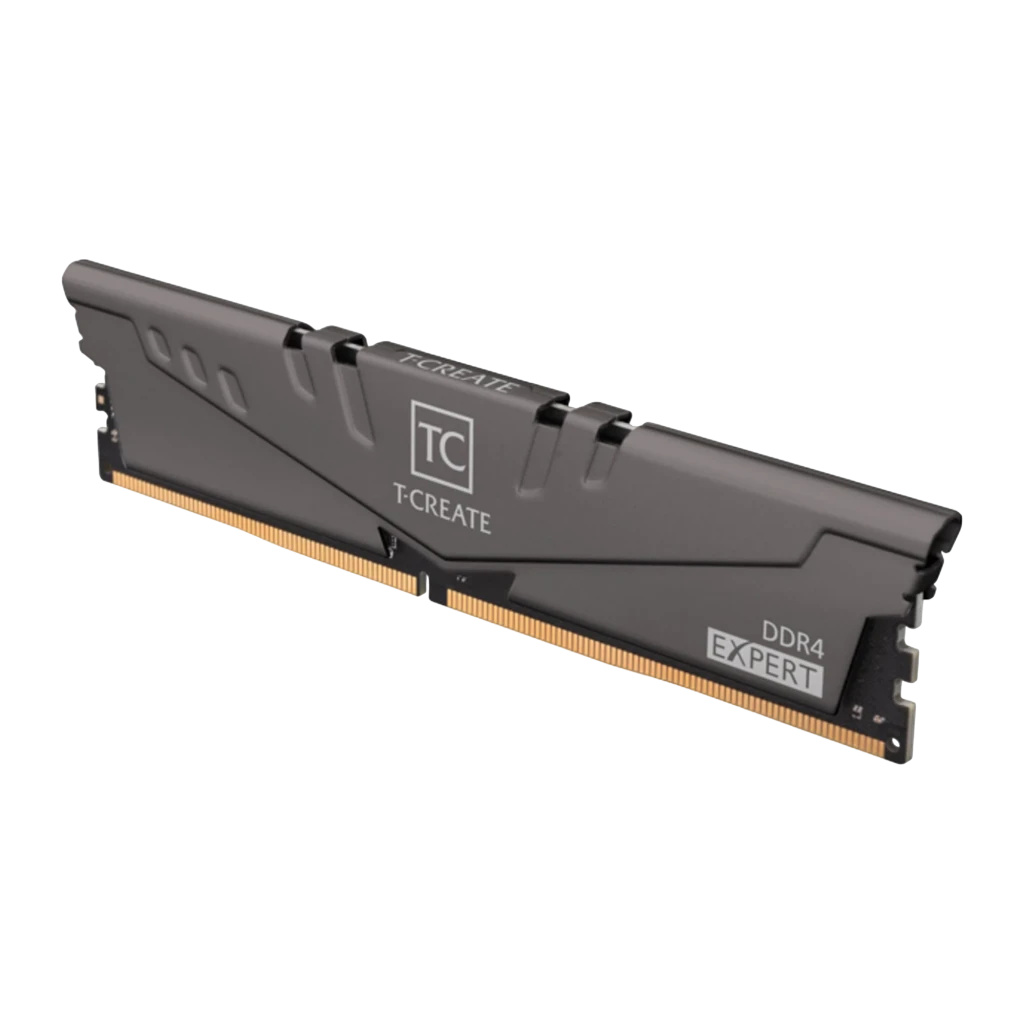 Team Group T-Create Expert 32GB DDR4 3600 Titanio, vista principal: módulo DIMM en ángulo, disipador gris con logo TC y
