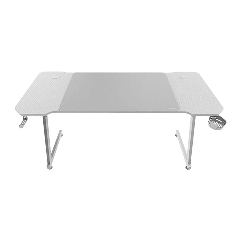 Mars Gaming MGD Ergo Regulable blanca, vista frontal: tablero completo, patas en V y portavasos visible en esquina derecha