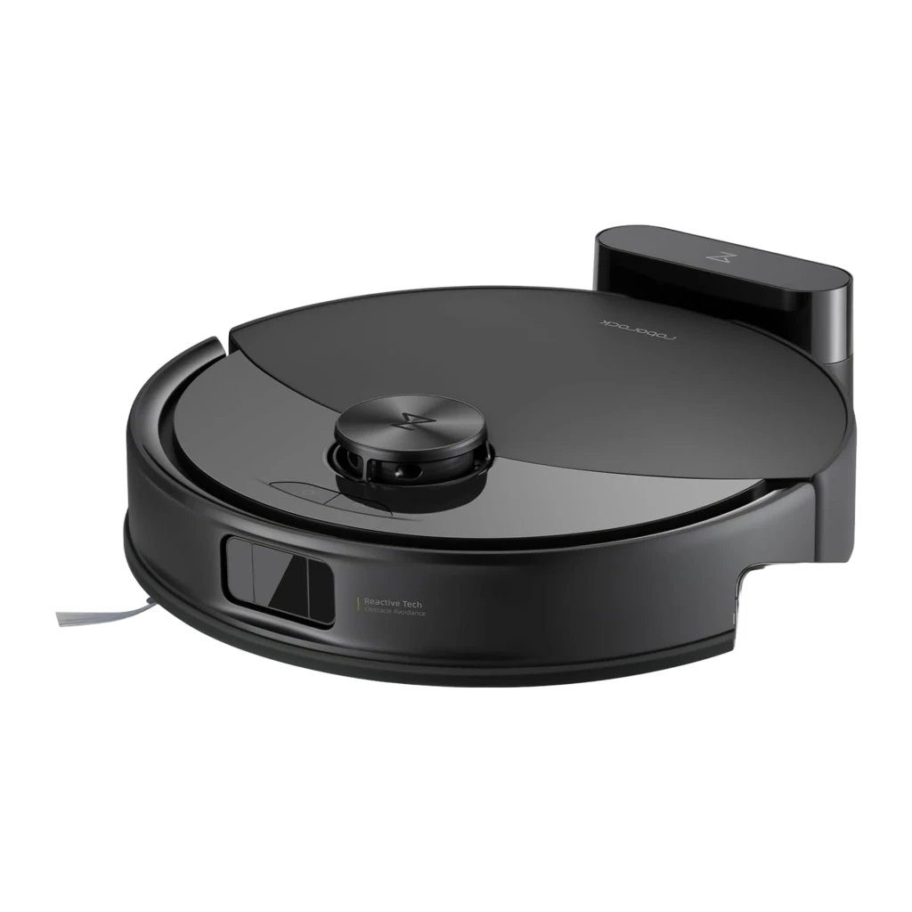 Roborock Q10 VF negro, vista diagonal frontal: cuerpo redondo, torre LiDAR central y sensor Reactive Tech