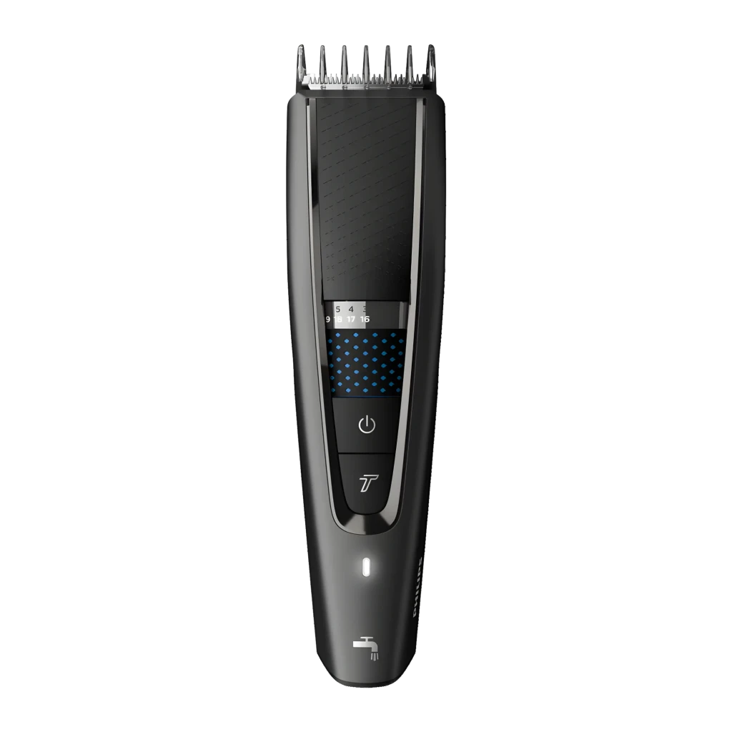 Philips Hairclipper Series 7000 HC7650/15 negro, vista frontal: peine guía, selector de longitud, panel azul y botón de