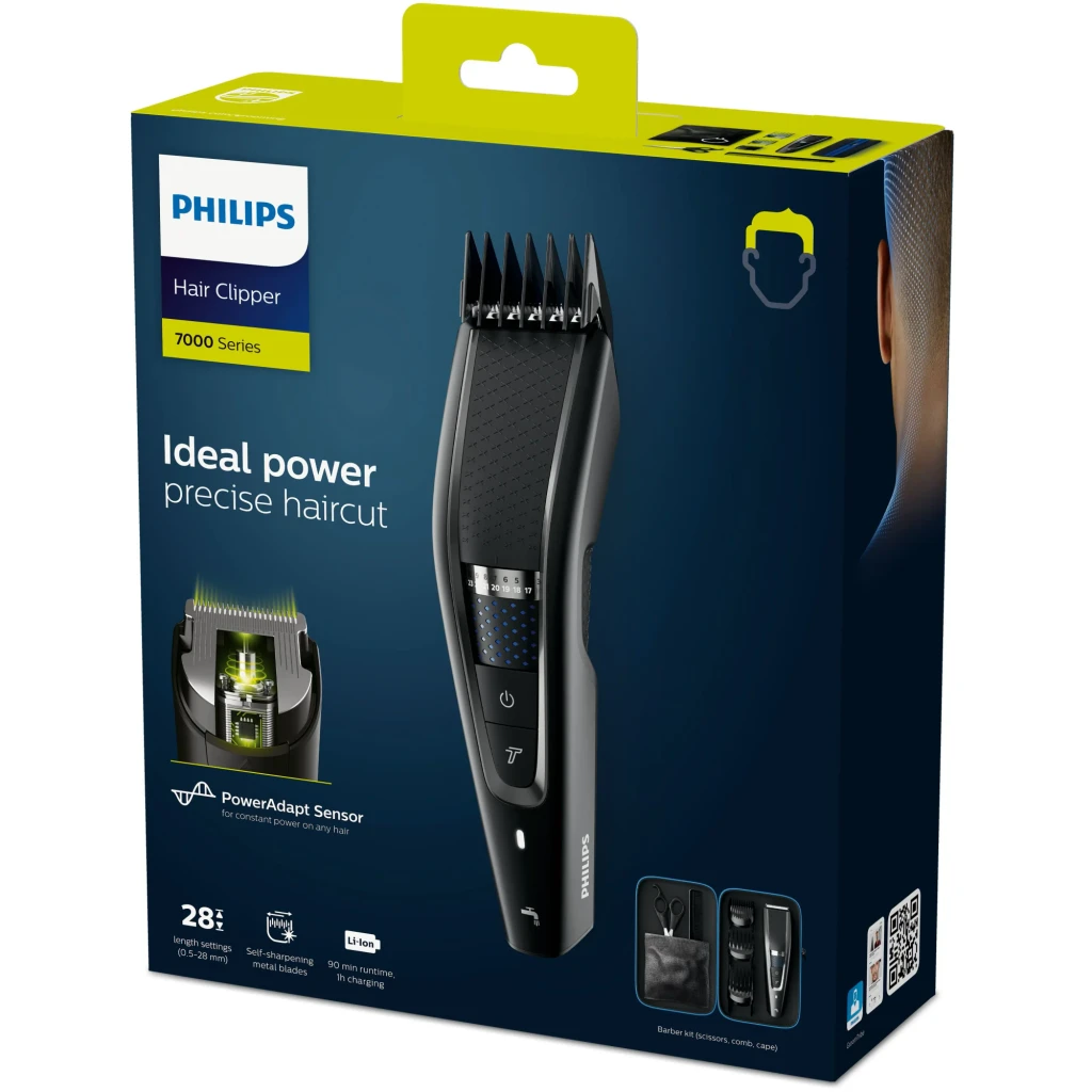 Philips Hairclipper Series 7000 HC7650/15 negro, caja: packaging frontal con cortapelos, accesorios y especificaciones