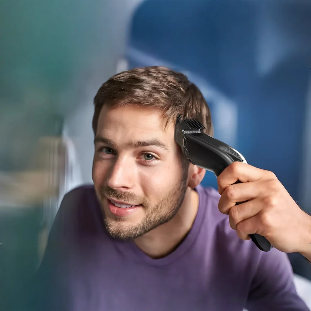 Philips Cortapelos Hairclipper Series 7000 HC7650/15 negro, uso: hombre cortándose el pelo en la sien con la maquinilla