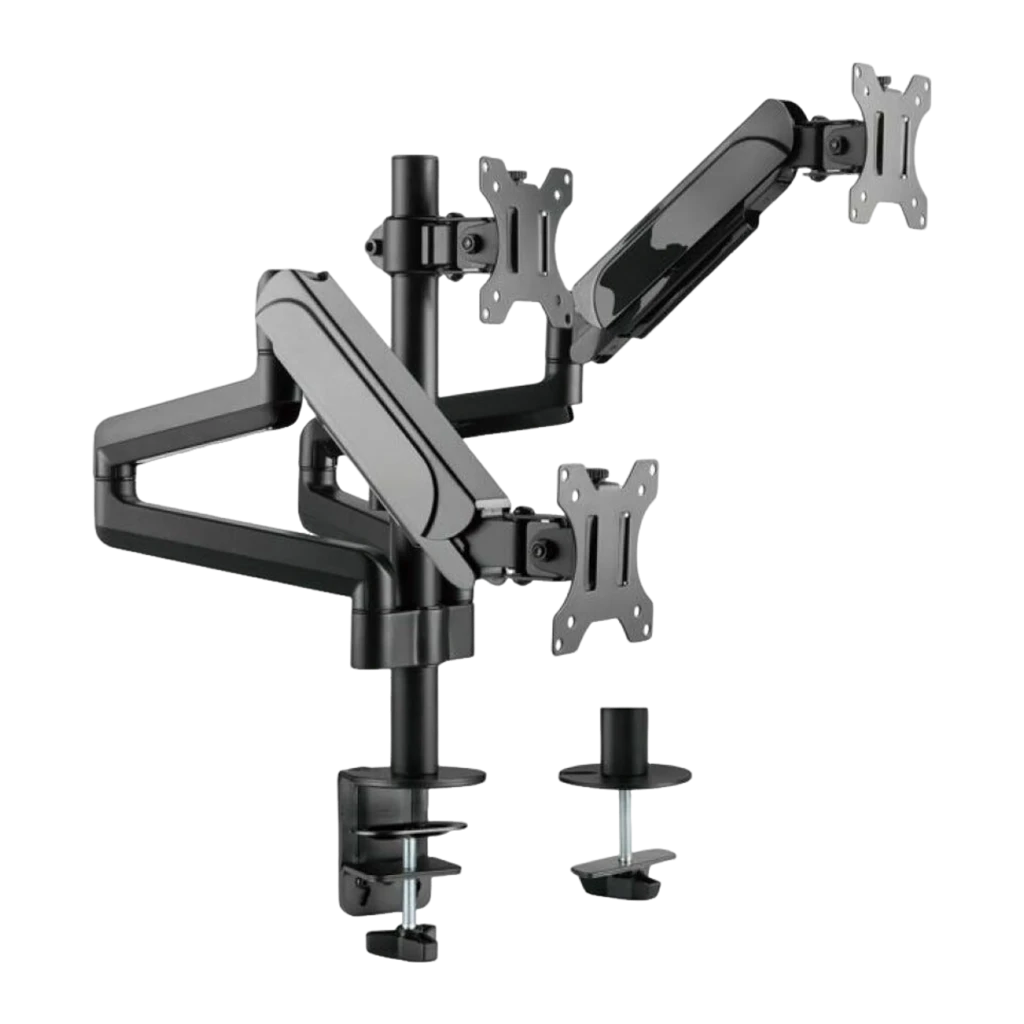 Equip 650134 support triple moniteurs 17-27" noir, vue avant: trois bras articulés à ressort à gaz avec fixations VESA