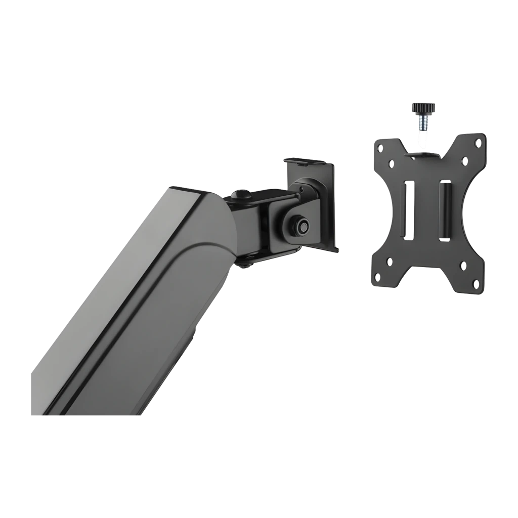 Equip 650134 soporte triple monitores 17-27" negro, detalle: brazo de muelle de gas y placa VESA con tornillo
