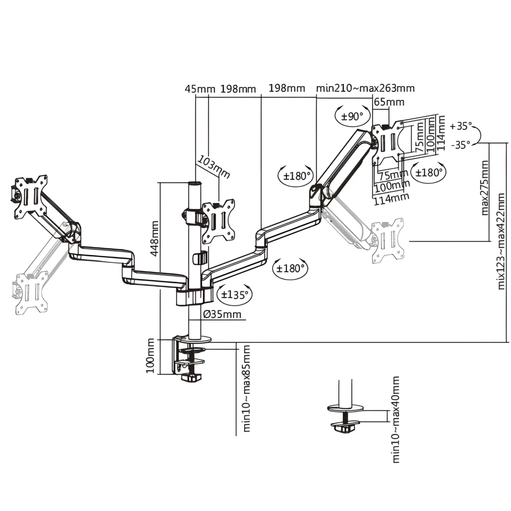Equip 650134 Soporte triple monitores Negro, diagrama técnico: cotas de rotación, altura y alcance de los tres brazos