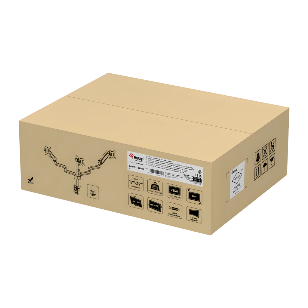 Equip 650134 soporte triple monitores negro, caja: embalaje marrón con iconos VESA, rango 17-27 pulgadas y logo Equip
