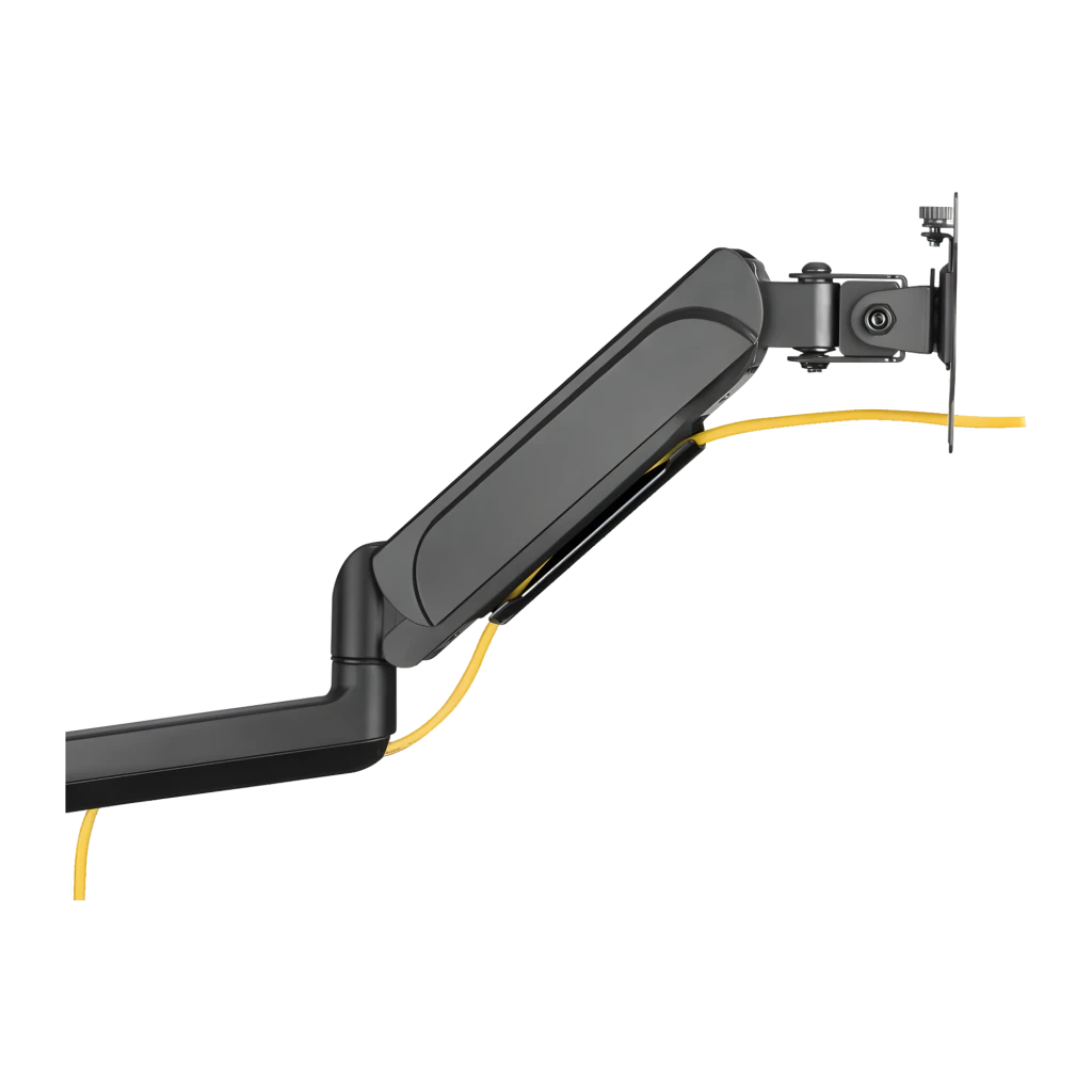 Equip 650134 soporte triple monitores negro, lateral: brazo articulado con muelle de gas y gestión de cables amarillos