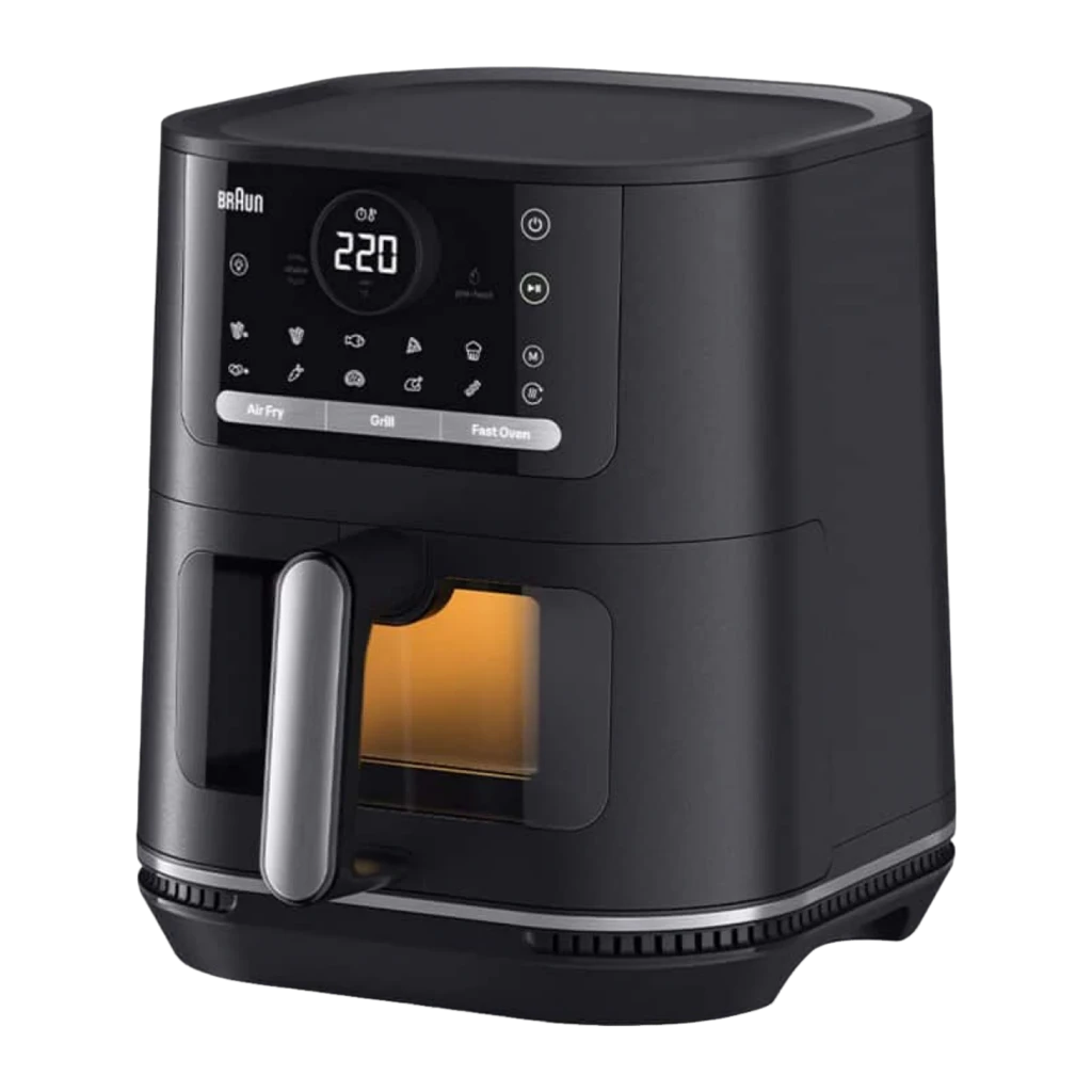 Braun Friteuse à air HF 5075 2000 W noir, vue en angle: panneau tactile avec affichage 220°, fenêtre avec lumière intérieure