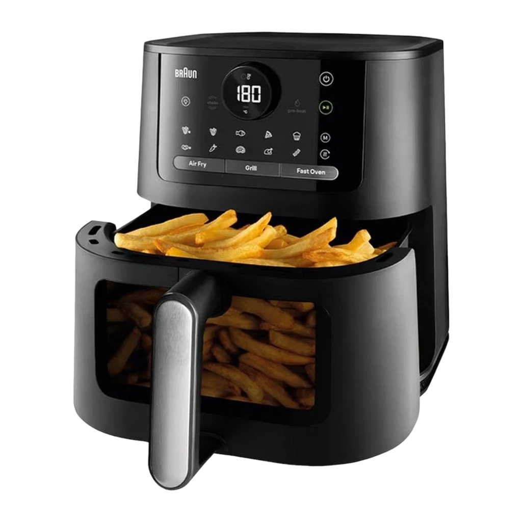 Braun Friteuse à air HF 5075 2000 W noir, tiroir ouvert avec frites: panier sorti montrant des frites visibles à travers la