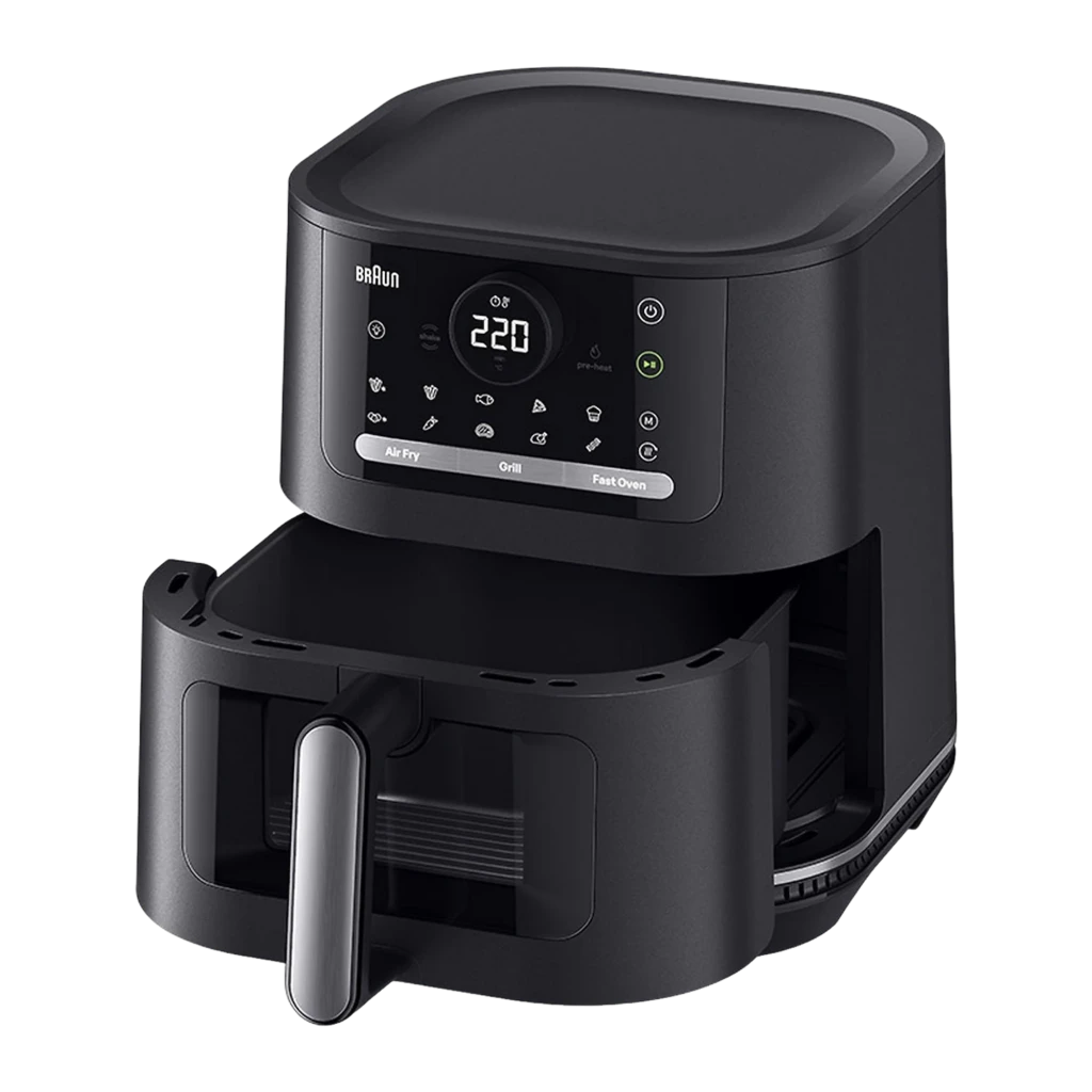 Braun Friteuse à air HF 5075 2000 W noir, panier vide sorti: tiroir vide avec intérieur visible, affichage 220° et bouton