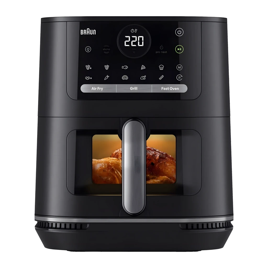 Braun Friteuse air HF Multifry 5 HF5075IBK noir, vue avant: panneau tactile 220°, fenêtre avec poulet en cuisson