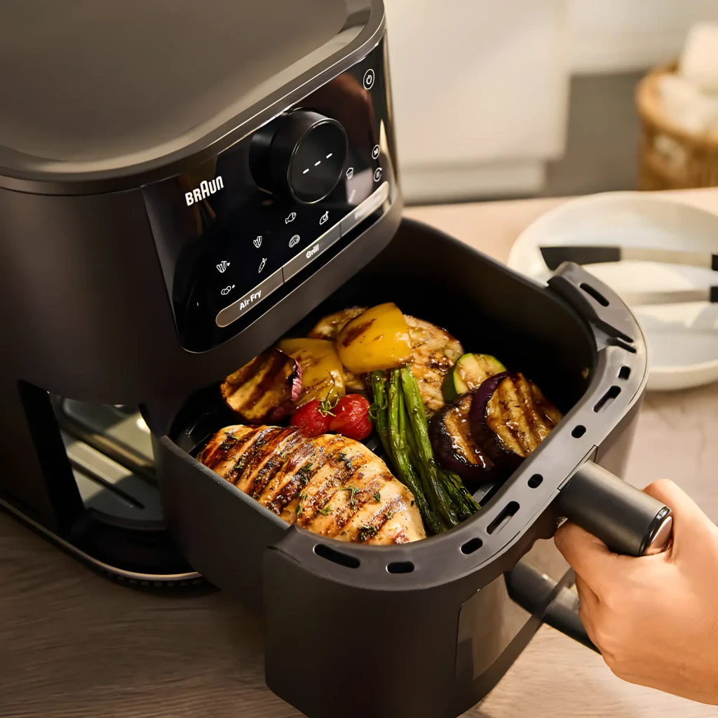 Braun Friteuse Air HF Multifry 5 HF5075IBK Noir Gris, panier ouvert: main retirant le panier avec légumes et poulet grillés