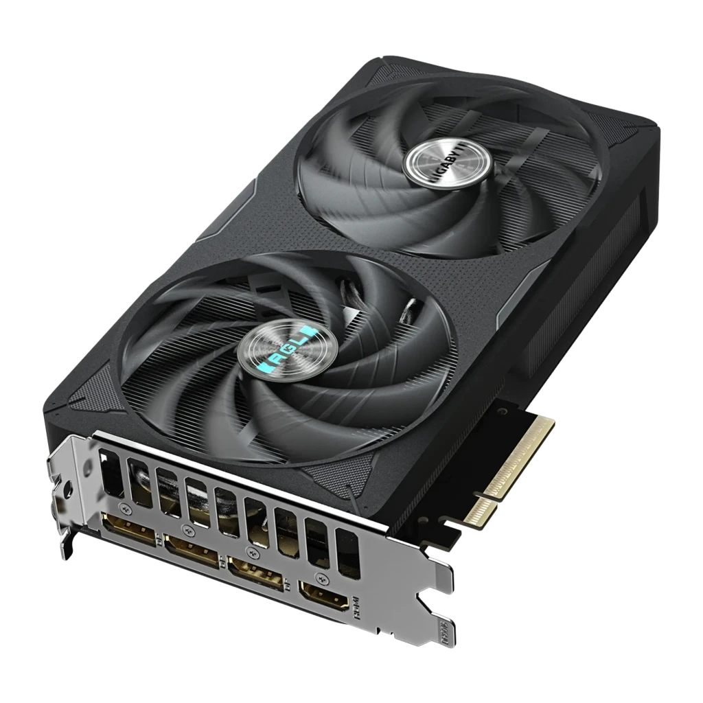 Gigabyte GeForce RTX 5060 Ti Eagle OC 16GB noir, vue arrière en angle: ports DisplayPort et HDMI sur équerre, deux