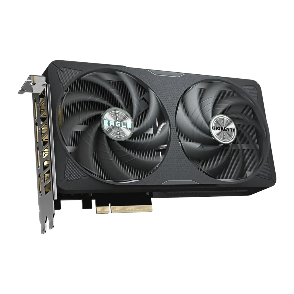 Gigabyte GeForce RTX 5060 Ti Eagle OC 16GB noir, vue avant en angle: deux ventilateurs logos Eagle et Gigabyte, équerre