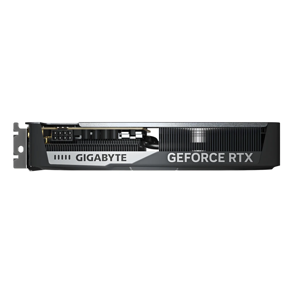 Gigabyte GeForce RTX 5060 Ti Eagle OC 16GB noir, vue latérale: connecteur d'alimentation PCIe, dissipateur à ailettes et