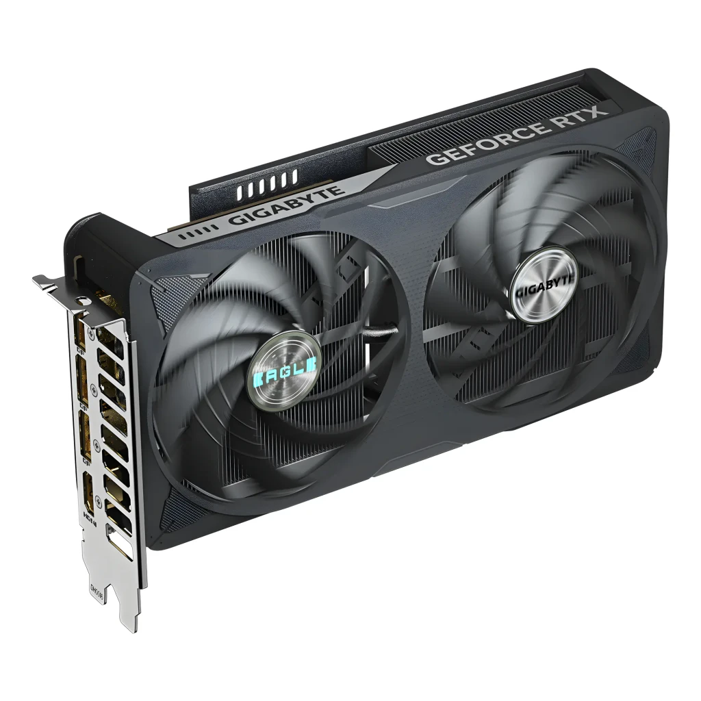 Gigabyte GeForce RTX 5060 Ti Eagle OC 16GB noir, vue avant en angle: deux ventilateurs, logo Eagle et ports DisplayPort HDMI