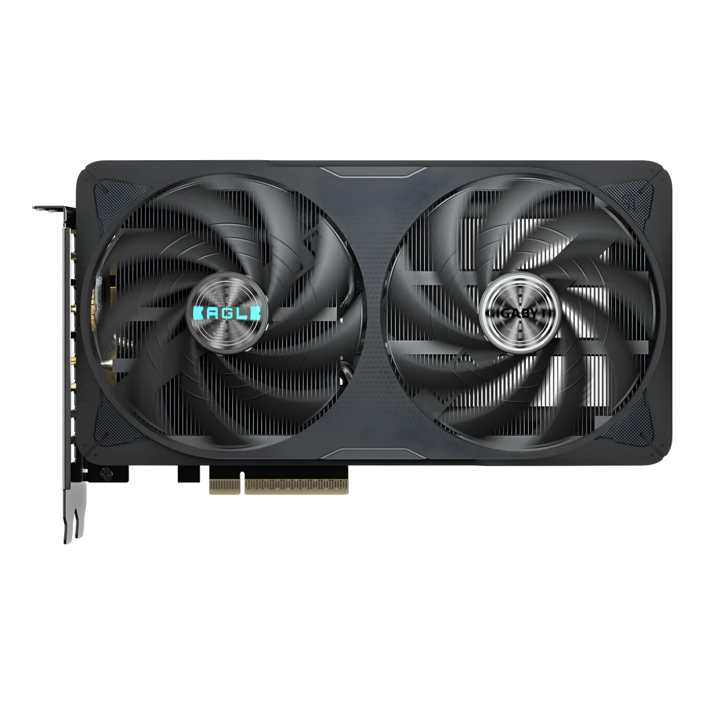 Gigabyte GeForce RTX 5060 Ti Eagle OC 16GB Noir, vue dessus: deux ventilateurs avec logo Eagle bleu et Gigabyte