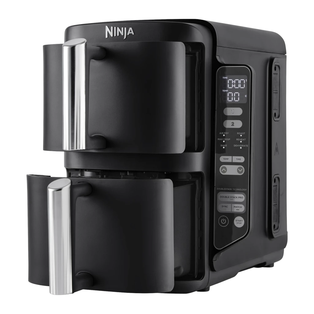 Ninja Double Stack SL300EU negro, vista frontal 3/4: dos cajones apilados con asas plateadas y panel de control digital