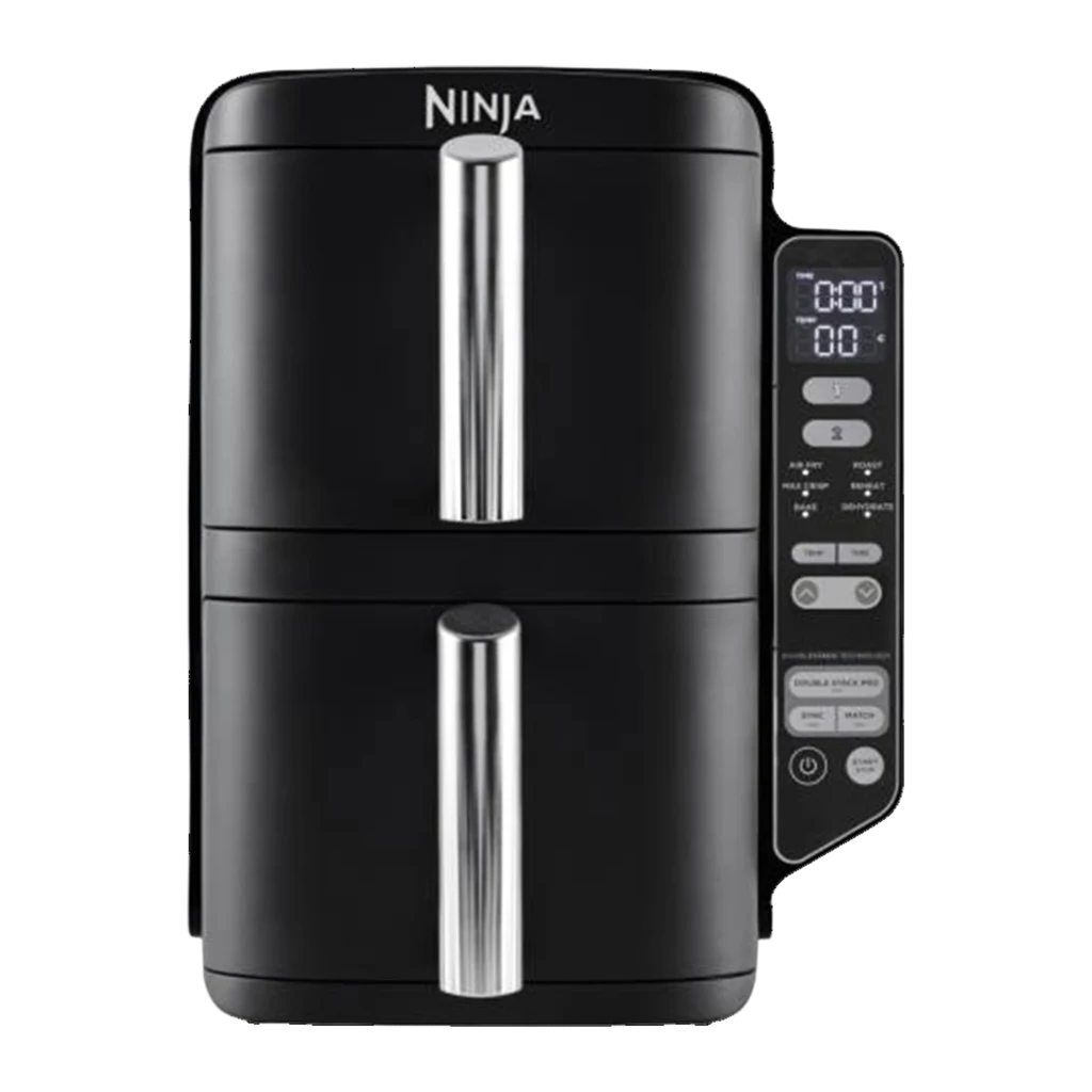 Ninja Freidora Aire Double Stack SL300EU 7,6L Negro, vista frontal: dos cestas apiladas con asas cromadas y panel de control