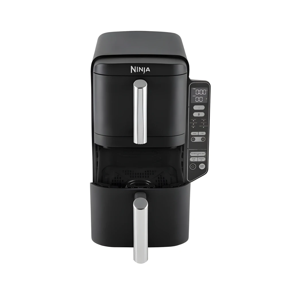 Ninja Freidora Aire Double Stack SL300EU 7,6L Negro, vista frontal: cesta inferior extraída, panel digital lateral y asa