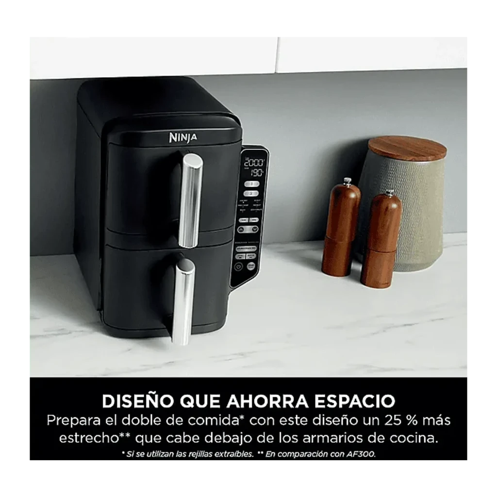 Ninja Freidora Aire Double Stack SL300EU 7,6L Negro, lifestyle: diseño compacto bajo armario de cocina con panel de control