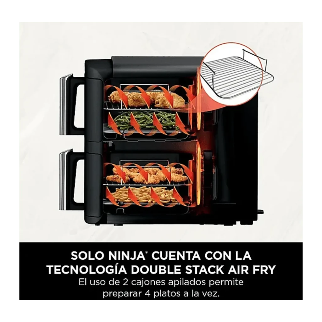 Ninja Double Stack SL300EU 7,6L Negro, interior: 2 cajones apilados con rejillas y alimentos cocinándose simultáneamente