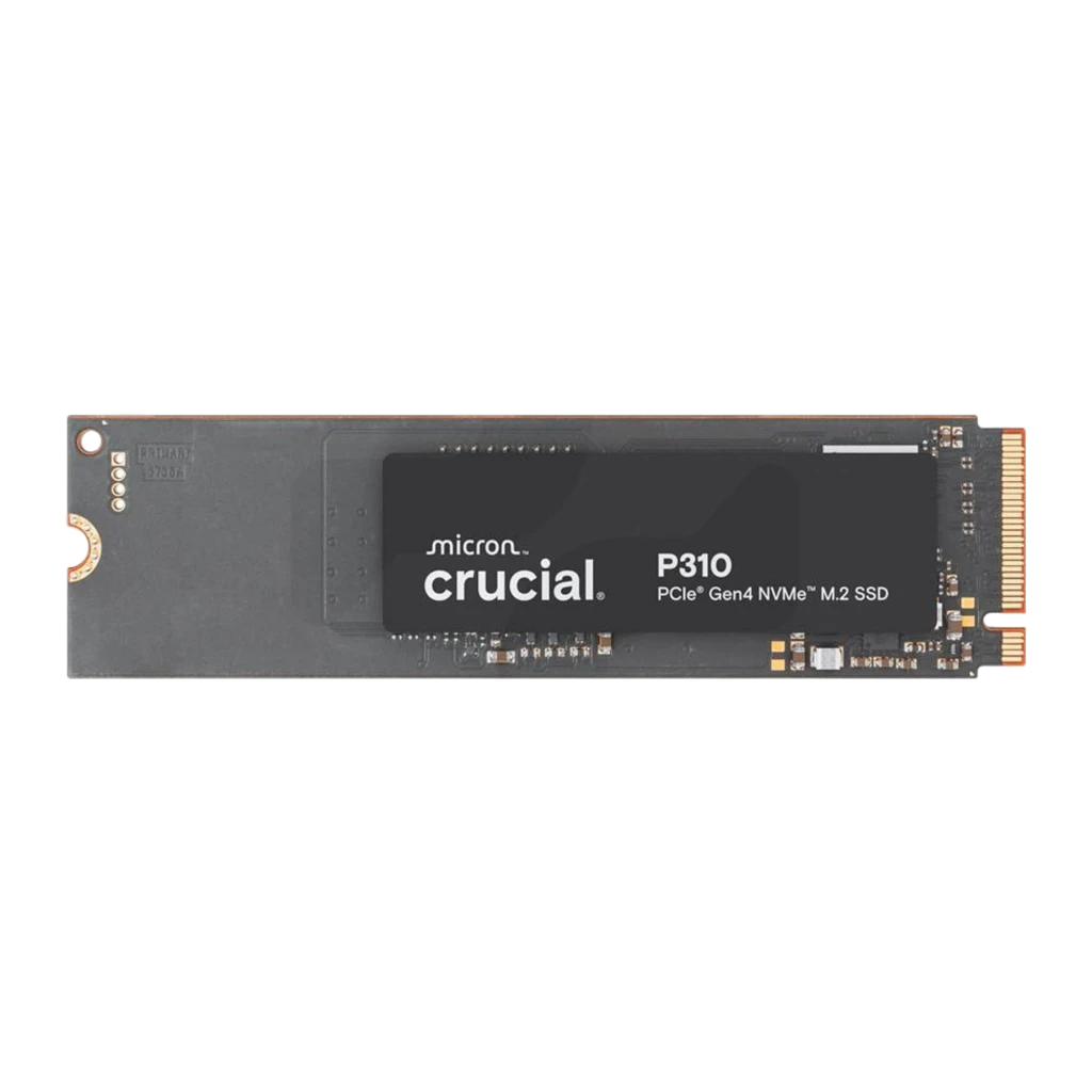 Crucial P310 500GB M.2 NVMe negro, vista trasera: reverso con logo Micron Crucial, conector dorado y componentes visibles
