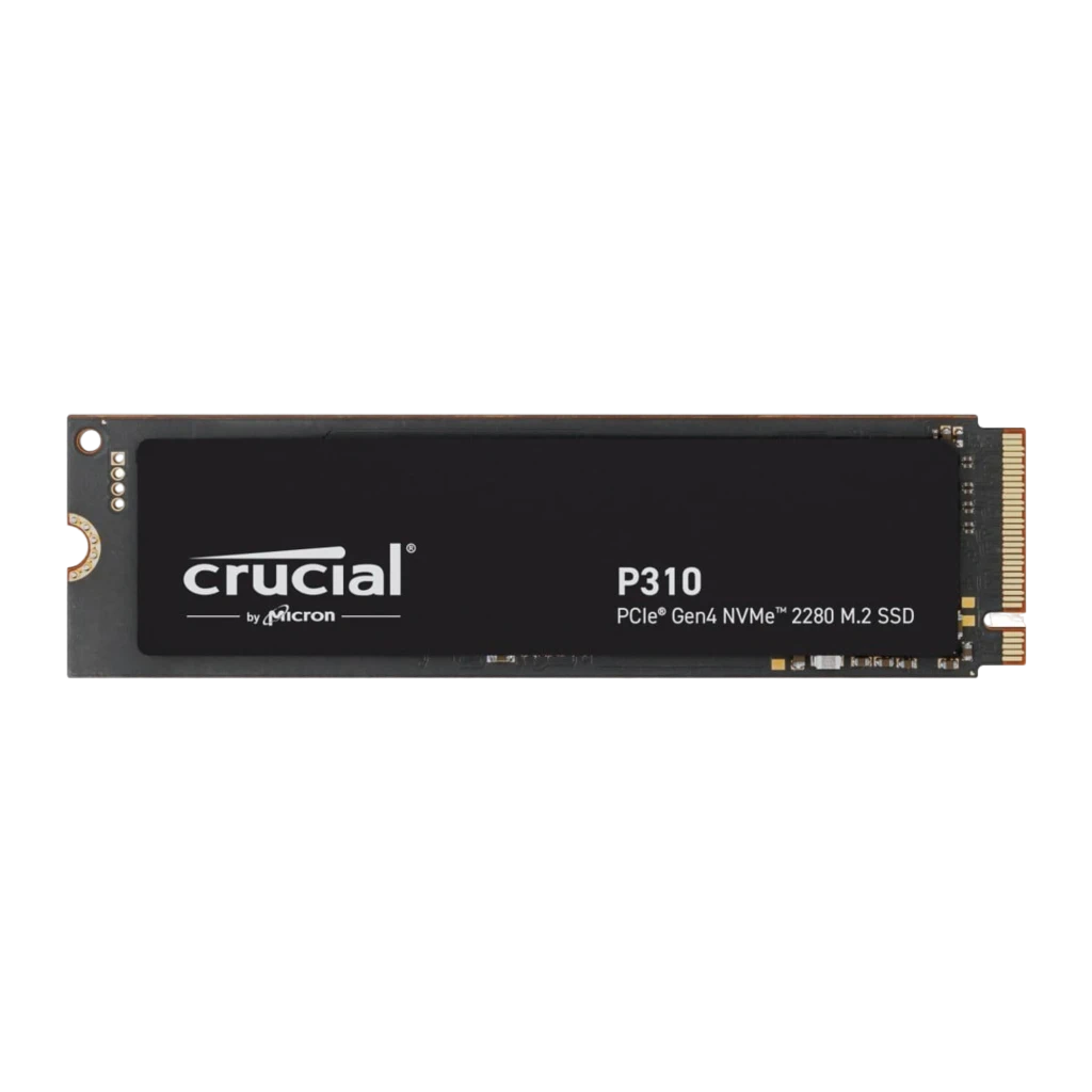 Crucial P310 500GB M.2 NVMe negro, vista frontal: carcasa negra mate con logo Crucial y texto PCIe Gen4 NVMe 2280
