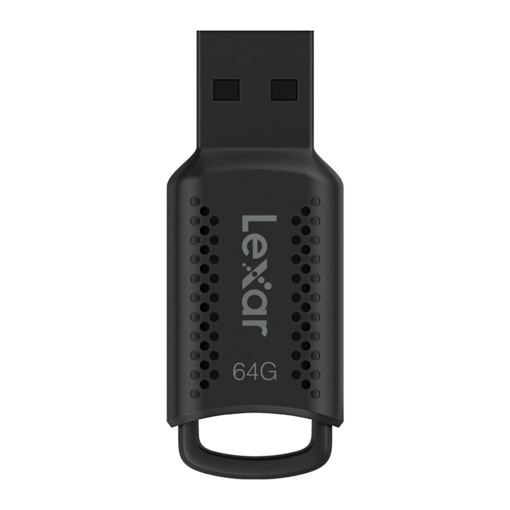 Lexar JumpDrive M400 64GB negro, vista frontal: conector USB expuesto, cuerpo con patrón de puntos y logo Lexar