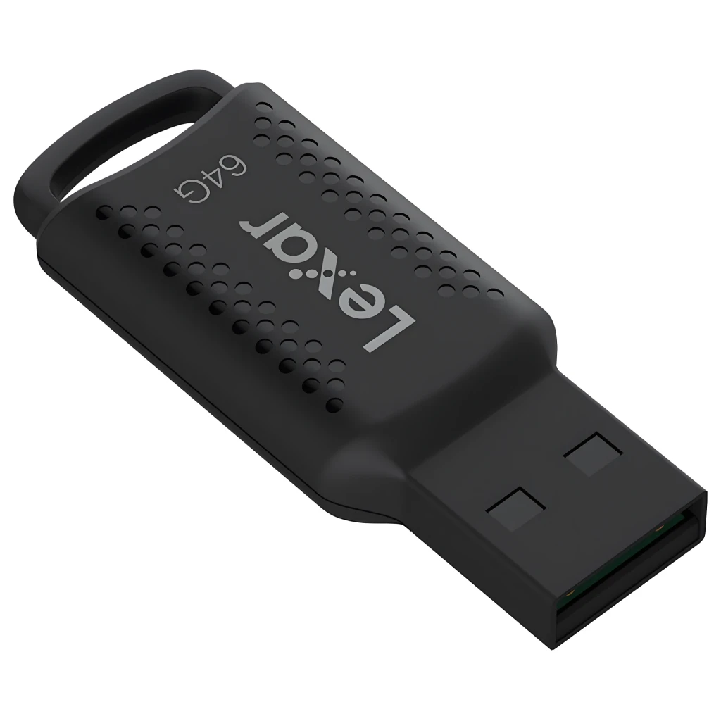 Lexar JumpDrive M400 64GB negro, vista diagonal: conector USB expuesto, cuerpo con textura de puntos y anilla