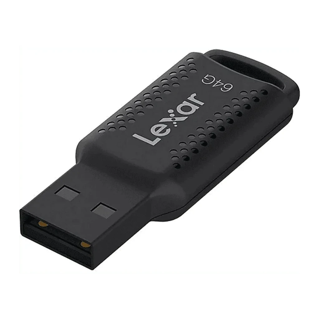 Lexar JumpDrive M400 64GB negro, vista en perspectiva: conector USB expuesto, textura perforada y logo Lexar en cuerpo negro
