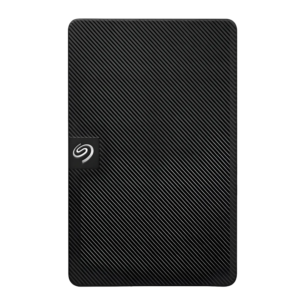 Seagate Expansion STKN1000400 1TB preto, vista frontal: textura diagonal estriada e logótipo Seagate no canto esquerdo