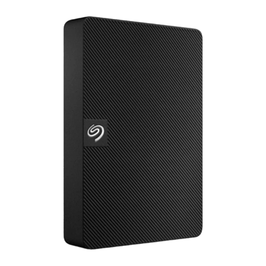 Seagate Expansion STKN1000400 1TB negro, vista lateral en ángulo: grosor del disco y textura diagonal visibles