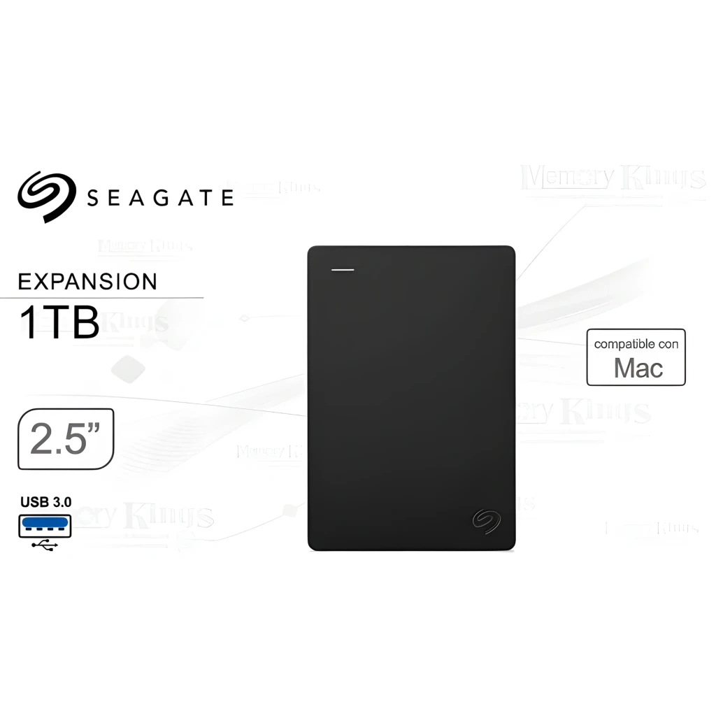 Seagate Expansion STKN1000400 1TB negro, vista frontal: carcasa lisa con logo, specs USB 3.0, 2.5" y compatible Mac