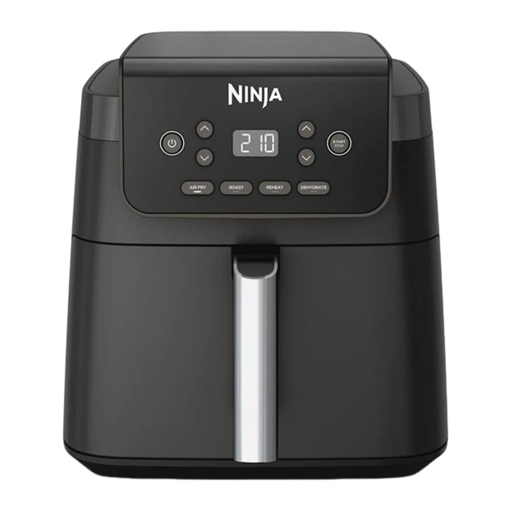 Ninja AF170EU freidora de aire 6.2 L negro, vista frontal: panel digital 210°, botones Air Fry Roast Reheat Dehydrate y asa