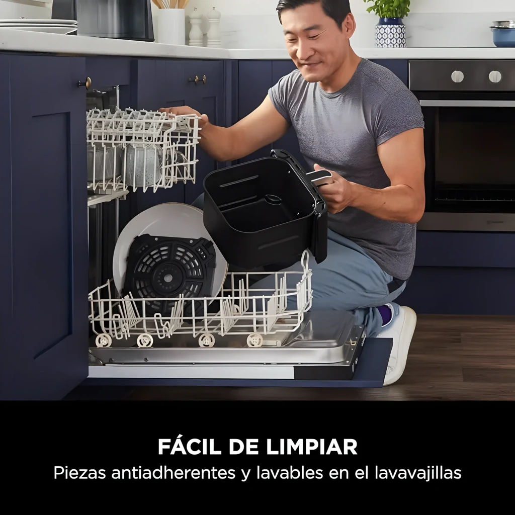 Ninja Freidora Aire AF170EU 6.2L Negro, limpieza: piezas antiadherentes negras en lavavajillas abierto