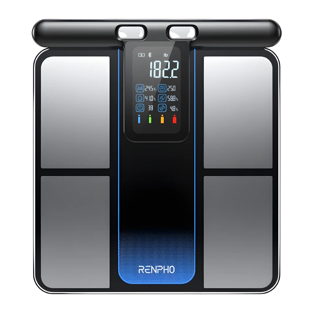 Renpho Elis 1 ES-CS20M-B noir, vue de face: écran LCD avec métriques corporelles, électrodes et barre de maintien supérieure