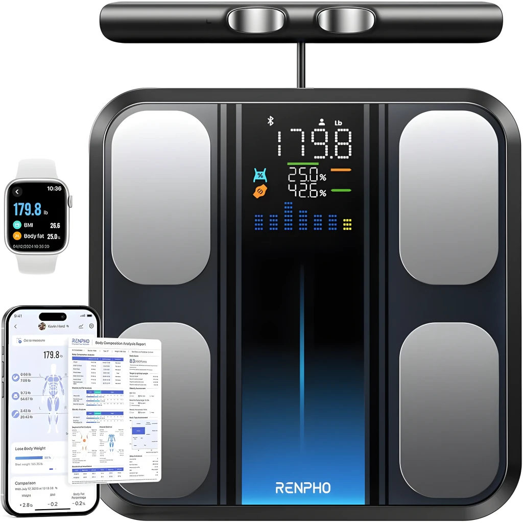 Renpho Elis 1 ES-CS20M-B negro, vista frontal con accesorios: báscula con pantalla LED, mango y app en móvil y smartwatch