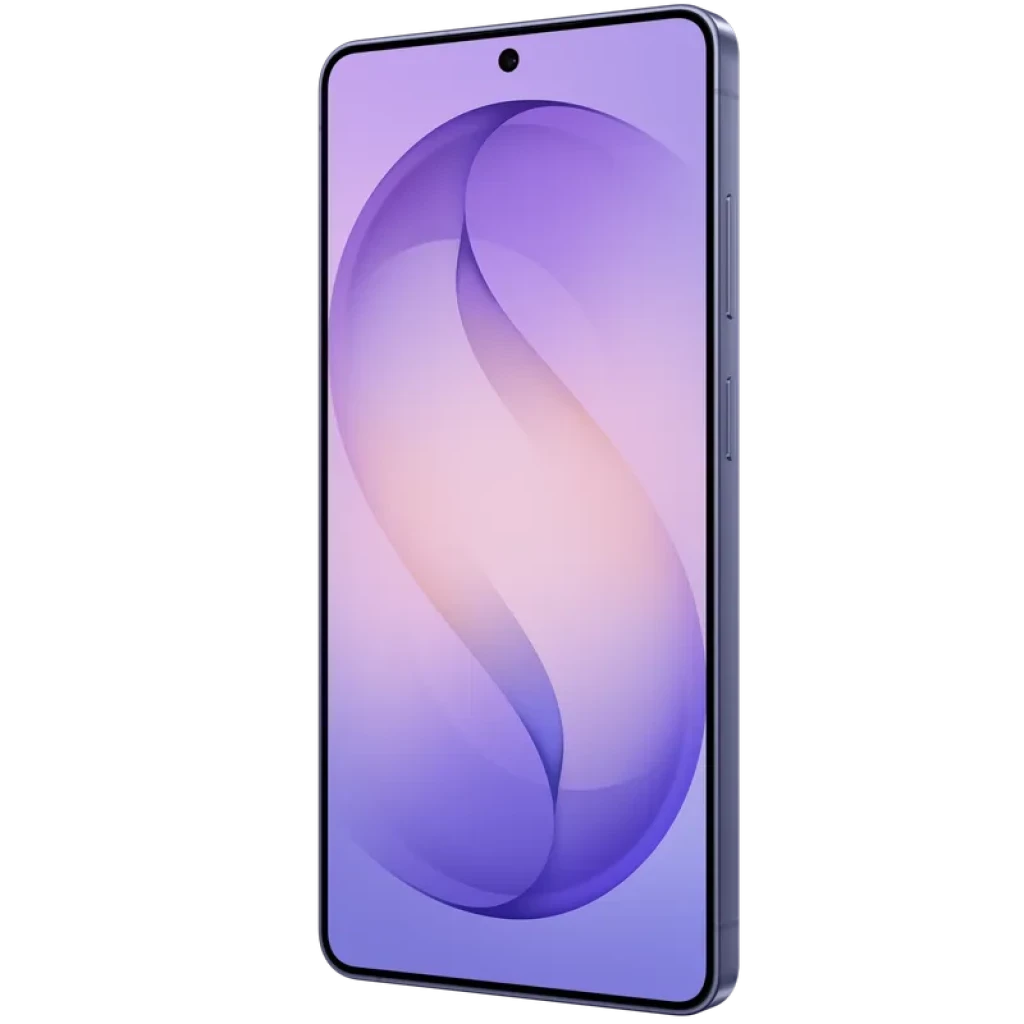 Smartphone violeta cobalto con pantalla amplia casi sin bordes, cámara frontal centrada en orificio, marco metálico delgado y botones laterales finos