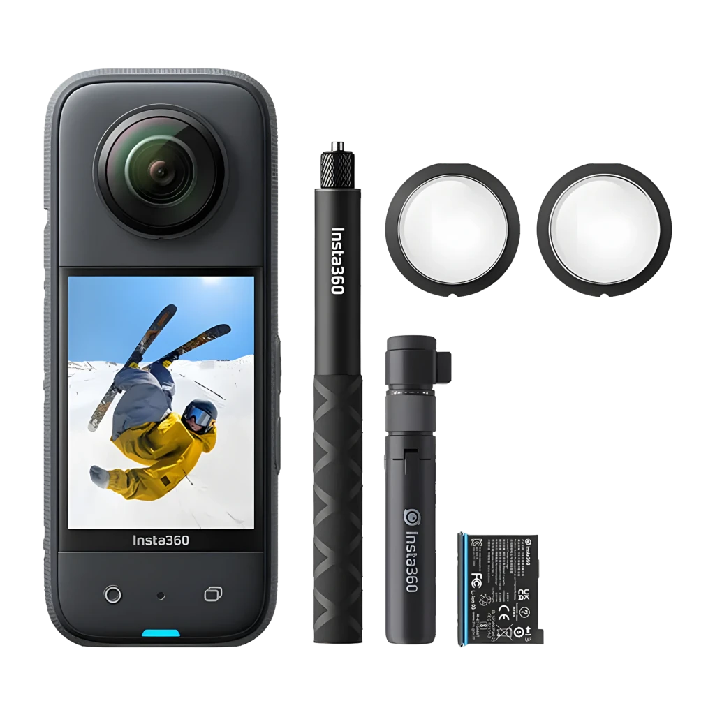Cámara 360 Insta360 X3 con pantalla a color, lente dual, palo selfie extensible, minitrípode, dos tapas de lente y batería; diseño compacto y resistente
