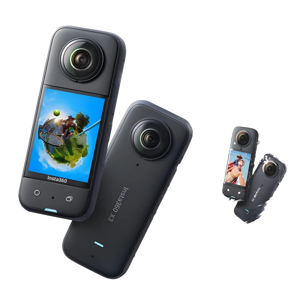 Cámara 360 Insta360 X3 Creator Kit 5.7K con dos lentes opuestas, pantalla táctil frontal, cuerpo compacto negro, resistente IPX8 hasta 10 m, 72 MP