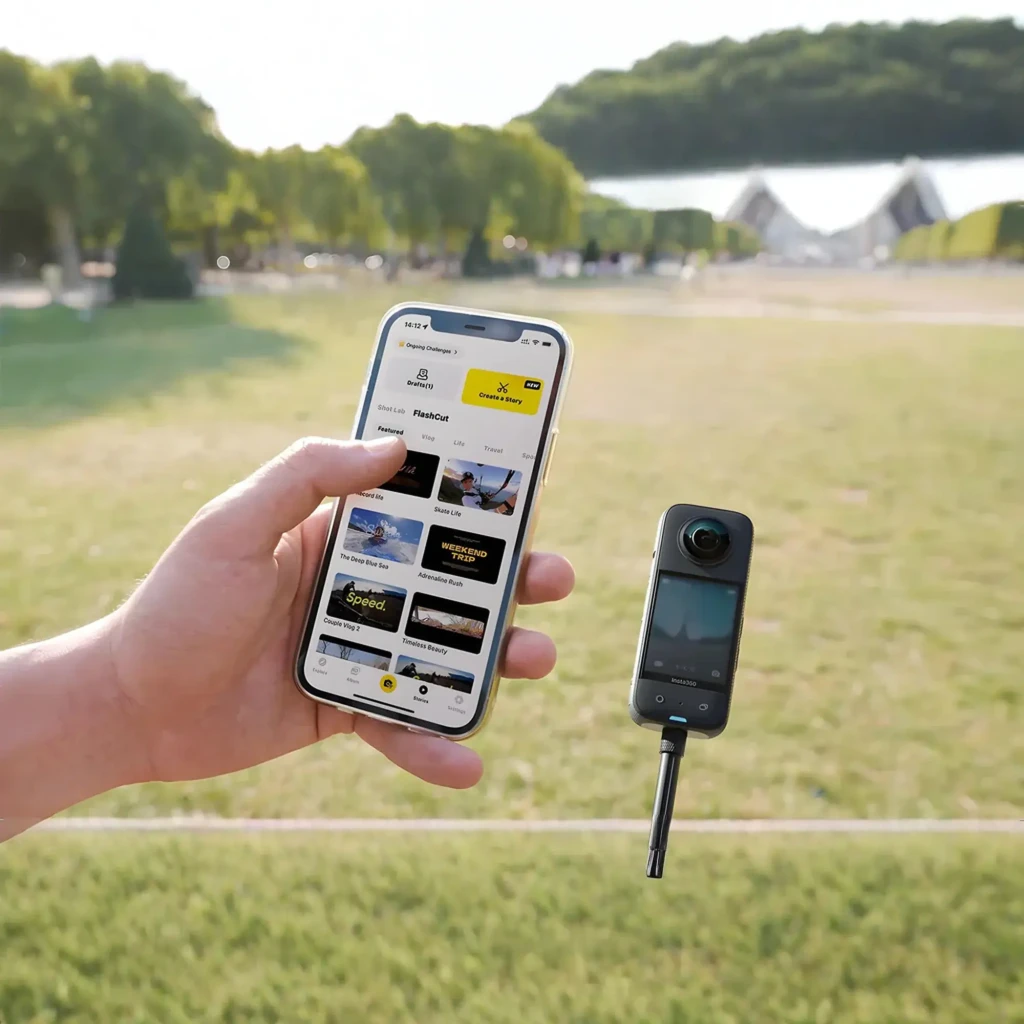 Cámara 360 Insta360 X3 negro mate con pantalla táctil y lente dual, montada en mini palo; junto a smartphone mostrando app de edición en parque luminoso