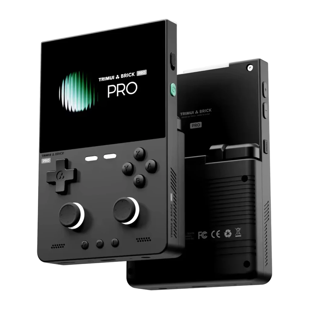 Console portable Trimui Brick Pro noire avec écran, croix directionnelle, deux joysticks, boutons frontaux, haut-parleurs latéraux, 1 Go RAM et 64 Go stockage