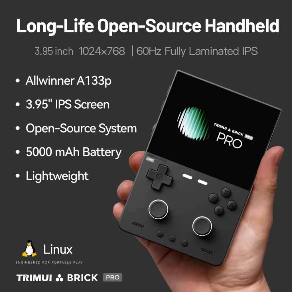 Consola portátil Trimui Brick Pro 1GB/64GB Blanco con pantalla IPS laminada de 3.95 pulgadas, cuerpo ligero, dos sticks, cruceta y botones frontales